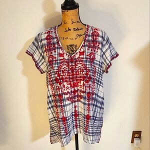 Johnny Was Blue and White Embroidered Blouse Sz XL